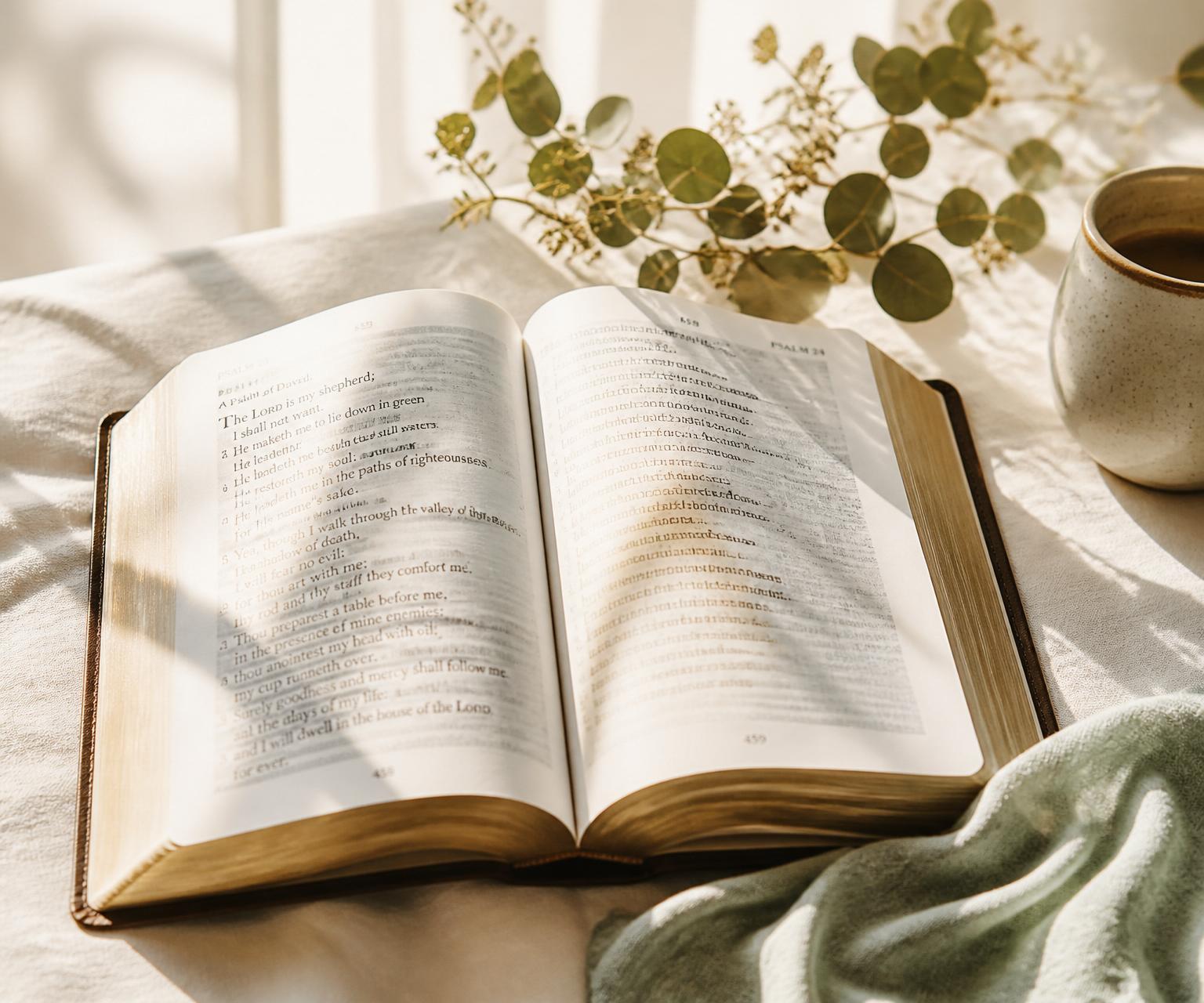 Open Bible in warm morning light