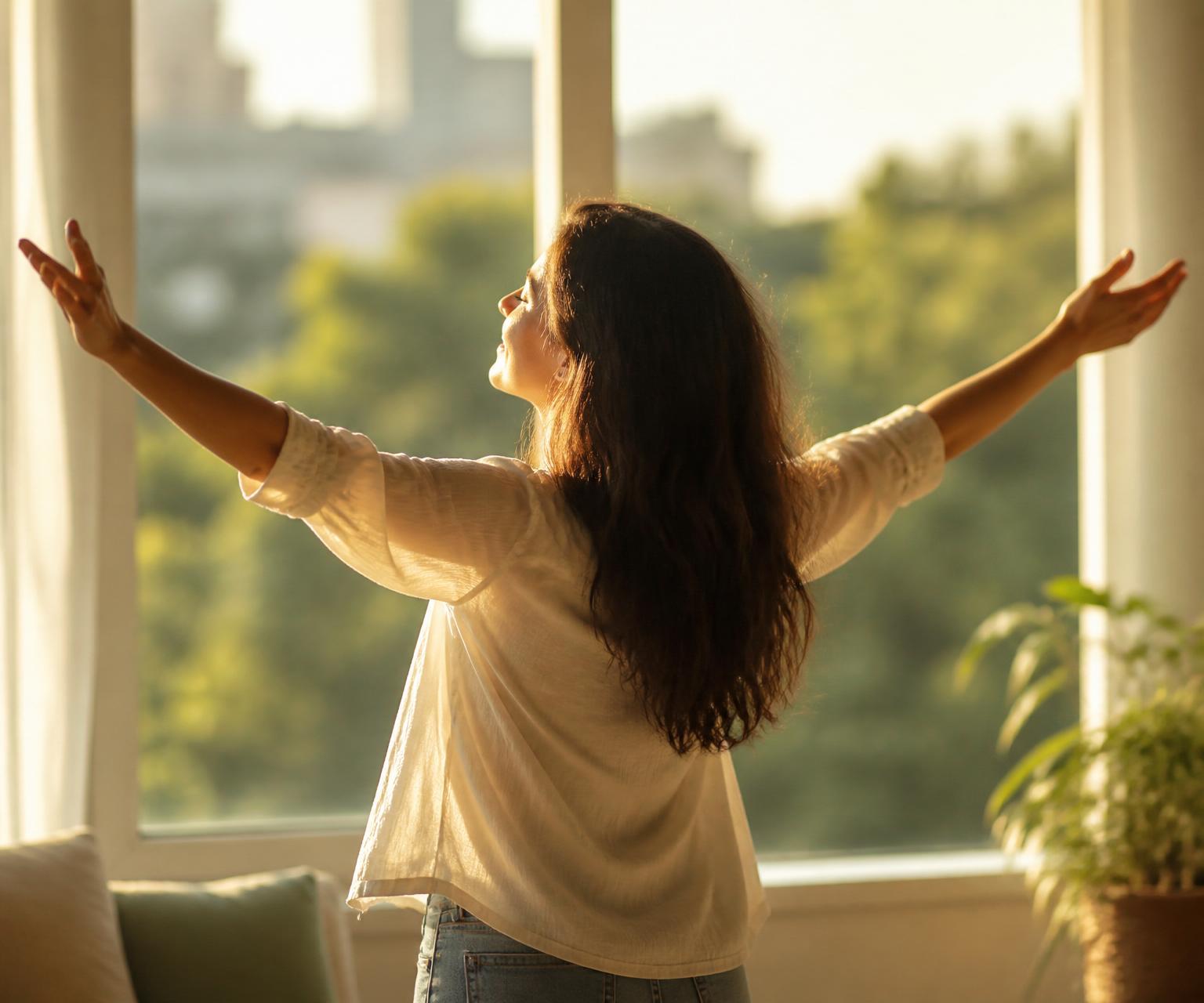 A woman with open arms facing a sunlit window, bathed in warm light